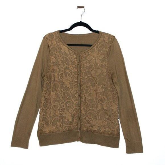 Army Green Lace Cropped Cardigan Sweater Size Large - Picture 1 of 8